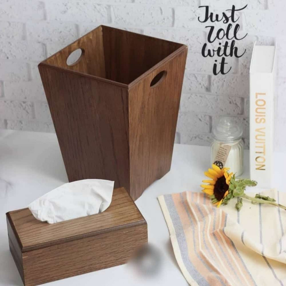 سطل و جعبه دستمال چوبی روکش بلوط