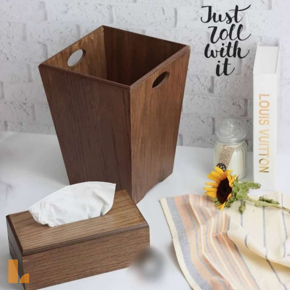 سطل و جعبه دستمال چوبی روکش بلوط